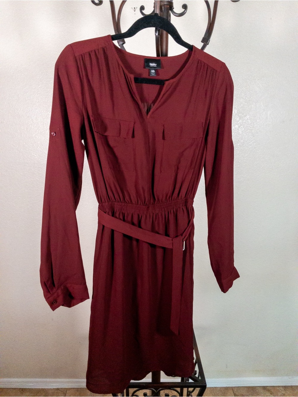 Mossimo Burgundy Belted Shirt Dress XS Long Sleeve Utility Dress